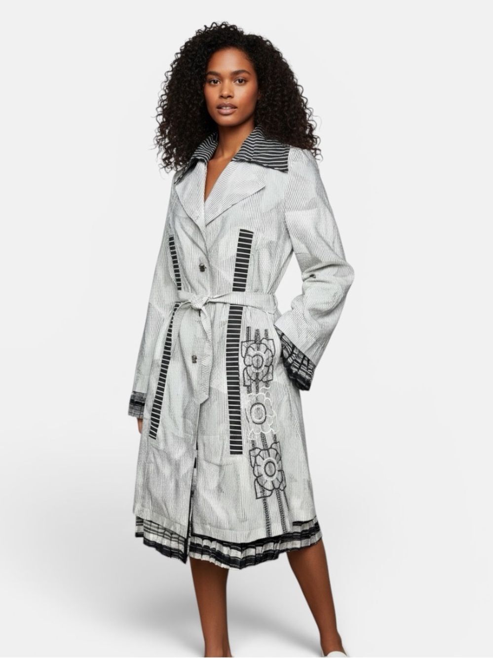 Save The Queen Italy Duster Coat Pleated Hem Gray Jacquard Belted XL (US 10-12)